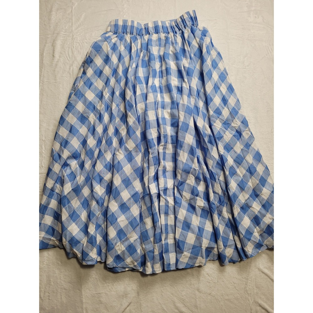 MABLE Gingham Maxi Skirt Women Medium Blue White Elastic Waist Pleated - Picture 2 of 7